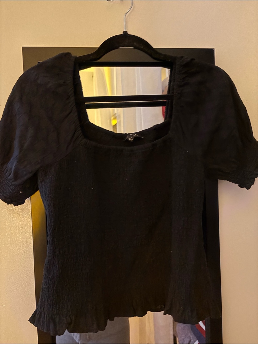 Madewell Black Square-Neck Puff Sleeve Top with Textured Body